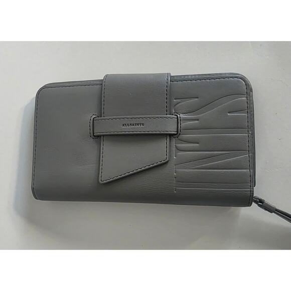 AllSaints Genuine Leather Wallet Gray Embossed Logo Bifold Zip - Picture 1 of 13